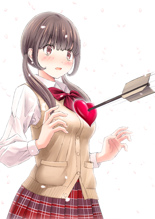 1girl arrow_(projectile) arrow_through_heart bad_id bad_pixiv_id blouse blush brown_eyes brown_hair cardigan_vest cherry_blossoms chikuwa_(glossymmmk) chikuwa_(odennabe) female_focus hands_up heart heart_on_chest long_hair long_sleeves low_twintails open_mouth original plaid_clothes plaid_skirt pleated_skirt red_skirt school_uniform shirt sidelocks skirt solo spring_(season) sweater_vest twintails upper_body white_background white_shirt