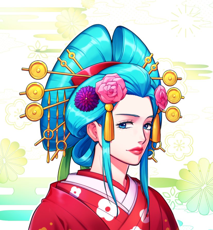1girl aqua_hair closed_mouth commentary_request japanese_clothes kimono korean_commentary kouzuki_hiyori looking_at_viewer making-of_available nihongami oiran one_piece red_kimono shem_art11 sidelocks smile solo upper_body