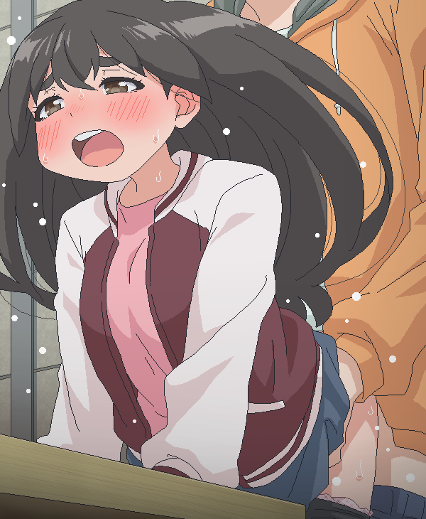 1boy 1girl black_hair blush brown_eyes clothed_sex commentary_request hetero jacket long_hair long_sleeves open_mouth paid_reward_available sex solo_focus standing standing_sex sweat teeth tomu_(tomubobu) uchuujin_muumuu umeyashiki_sakurako upper_teeth_only