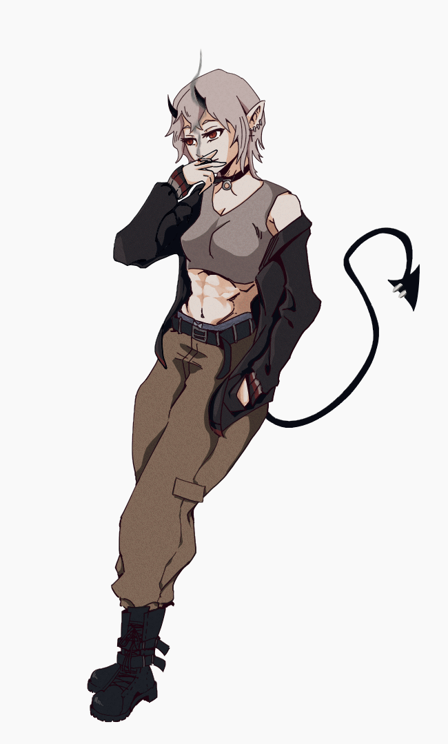 1girl abs animated animated_gif belt boots choker cigarette collar ear_piercing grey_hair hand_in_pocket horns imp indie_virtual_youtuber johnnyvuarts piercing pointy_ears red_eyes rinkya short_hair smoking solo tail tomboy virtual_youtuber