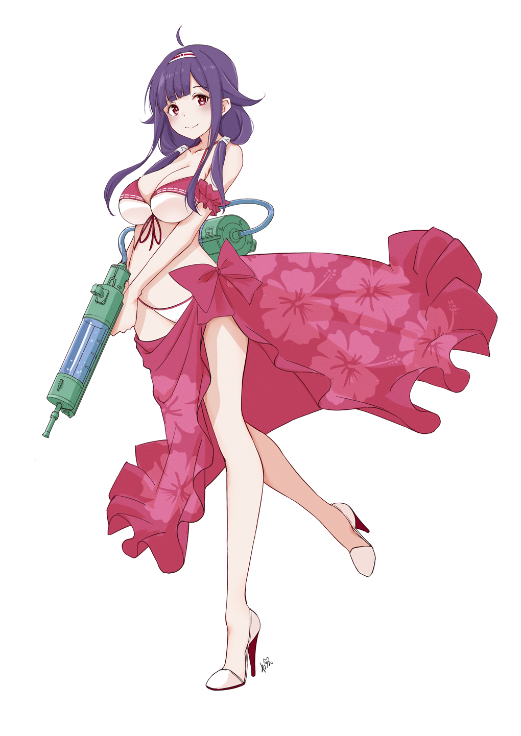 1girl bikini front-tie_bikini_top front-tie_top full_body hair_flaps high_heels highres holding holding_water_gun kantai_collection long_hair low_twintails neve_(morris-minicooper) official_alternate_costume red_eyes red_sarong ryuuhou_(kancolle) ryuuhou_kai_ni_(kancolle) sarong sidelocks smile solo standing swimsuit taigei_(kancolle) taigei_(swimsuit)_(kancolle) twintails water_gun white_bikini