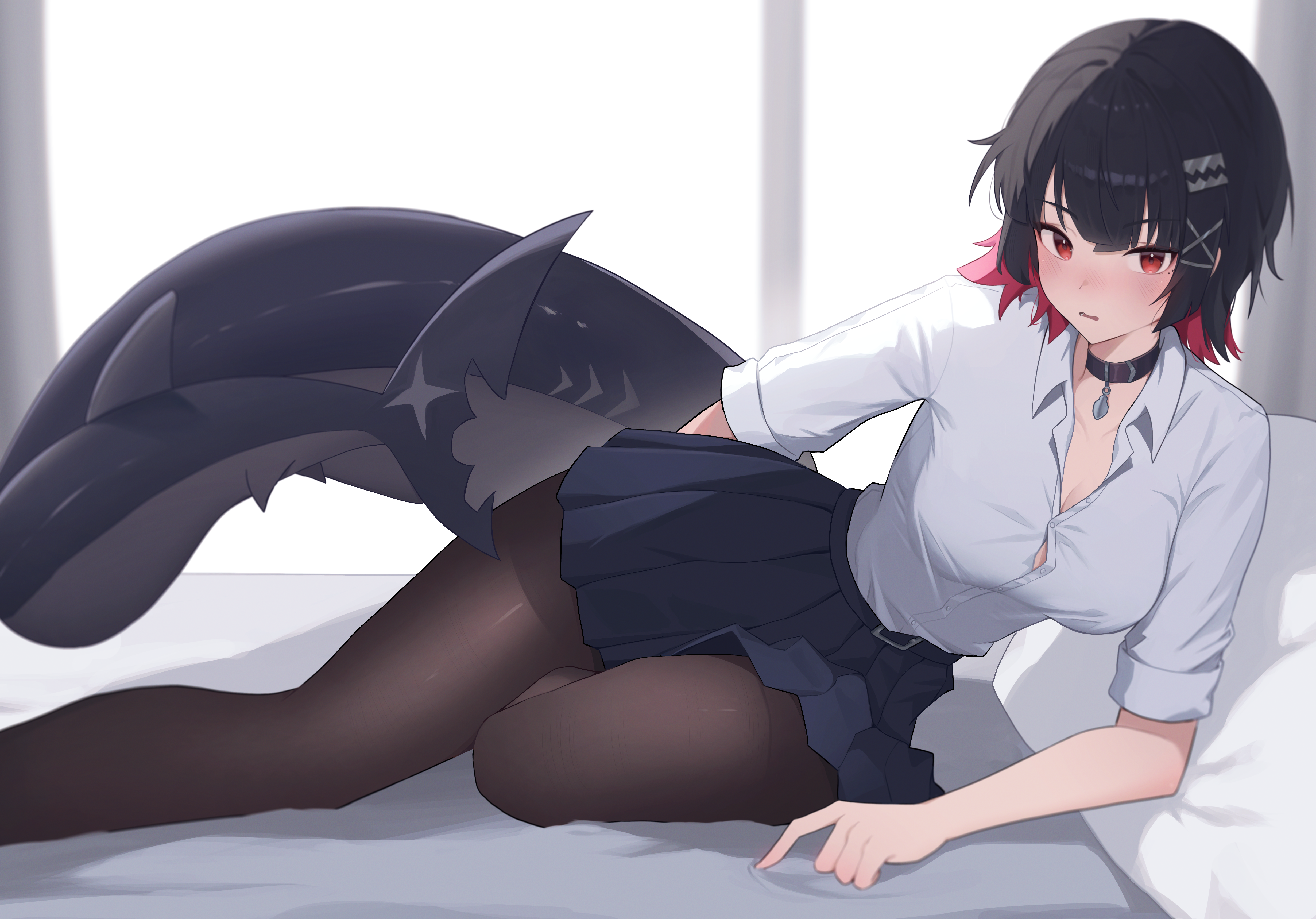 1girl absurdres bbiya_0331 black_choker black_hair black_pantyhose blue_skirt blush breasts choker cleavage collarbone collared_shirt colored_inner_hair commentary ellen_joe ellen_joe_(on_campus) fins fish_tail hair_ornament hairclip highres indoors looking_at_viewer lounging multicolored_hair official_alternate_costume on_bed open_mouth pantyhose pleated_skirt red_eyes red_hair shark_girl shark_tail shirt short_hair skirt sleeves_rolled_up solo tail two-tone_hair wavy_mouth white_shirt zenless_zone_zero