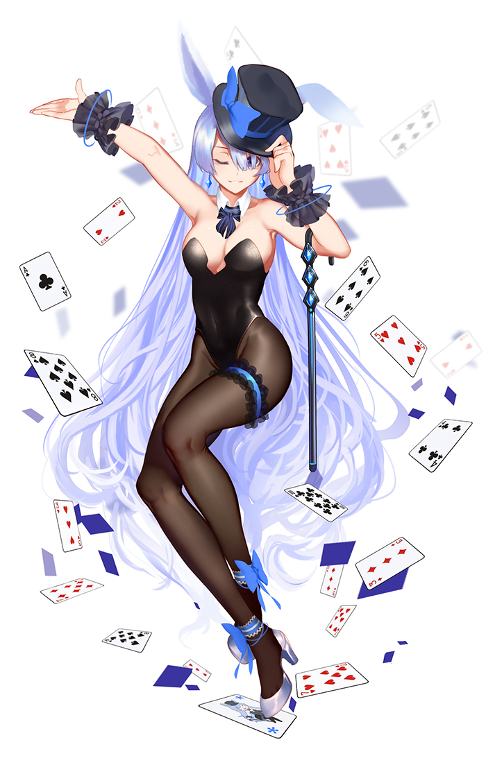 1girl ace_(playing_card) ace_of_clubs adjusting_clothes adjusting_headwear animal_ears ankle_bow ankle_ribbon arm_up bare_shoulders black_hat black_leotard black_pantyhose blue_bow blue_hair blurry blush bow bowtie breasts card cleavage club_(shape) clubs collarbone covered_navel depth_of_field detached_collar diamond_(shape) earrings fake_animal_ears female_focus frilled_thigh_strap frills full_body hair_over_one_eye hand_on_headwear hat hat_bow heart high_heels jewelry leg_ribbon leotard long_hair looking_at_viewer medium_breasts original outstretched_arm pantyhose parted_lips playboy_bunny playing_card rabbit_ears ribbon shoes simple_background solo spade strapless strapless_leotard striped_bow striped_bowtie striped_clothes striped_neckwear thigh_strap top_hat very_long_hair white_background white_shoes wrist_cuffs xiaoshou_xiansheng