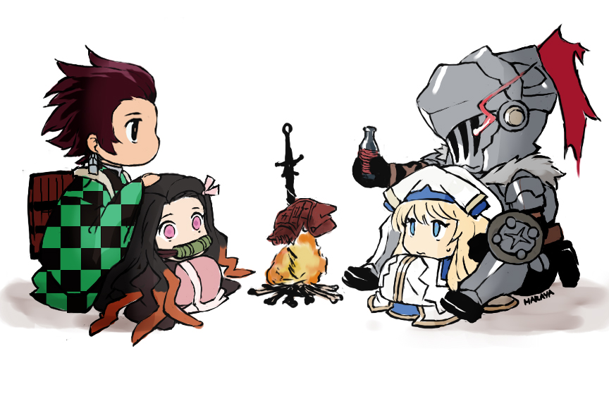 2boys 2girls arm_armor arm_shield armor artist_name black_gloves black_hair black_shoes blonde_hair blue_eyes bonfire bottle breastplate brother_and_sister brown_hair chibi chibi_only coat commentary crossover dress earrings english_commentary eye_trail fur-trimmed_armor fur_trim gloves goblin_slayer goblin_slayer! grey_armor grey_helmet haraya_manawari hat helmet holding holding_bottle jewelry kamado_nezuko kamado_tanjirou kimetsu_no_yaiba leg_armor light_trail long_hair multicolored_coat multiple_boys multiple_girls priestess priestess_(goblin_slayer!) purple_eyes shoes siblings two-tone_coat white_background white_dress white_hat