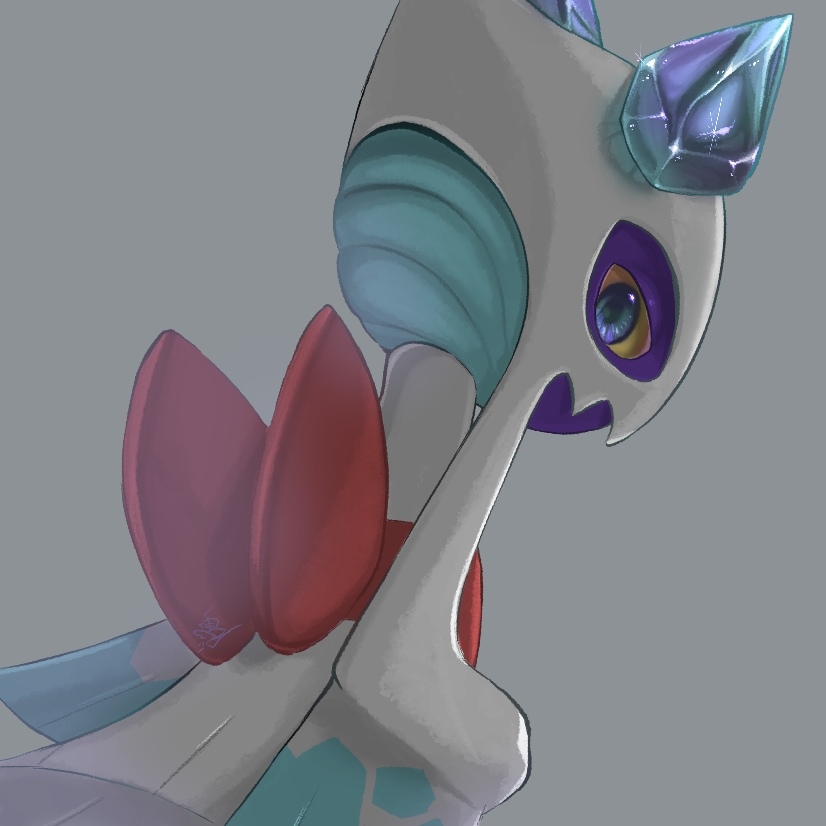 artist_name back_bow blue_eyes blue_gemstone bow colored_sclera dutch_angle from_behind froslass gem gen_4_pokemon grey_background ice looking_at_viewer looking_back nintendo no_humans pokemon pokemon_(creature) red_bow s_(esumi_kihomaru) signature simple_background solo yellow_sclera