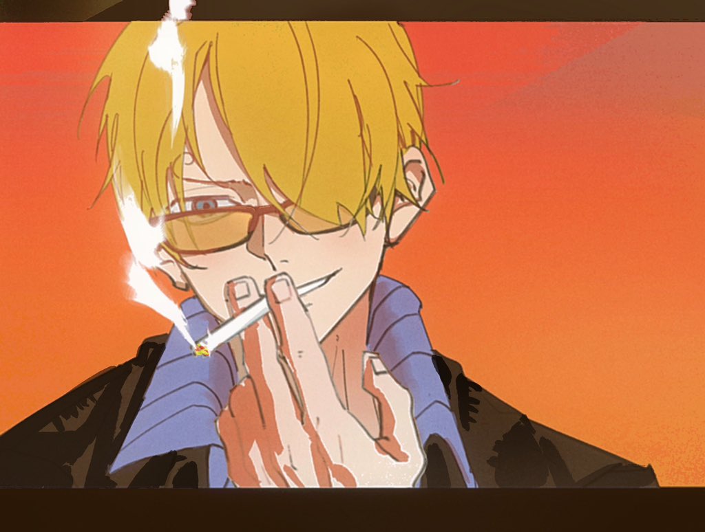 1boy black_jacket blonde_hair blue_shirt cigarette close-up closed_eyes collared_shirt commentary curly_eyebrows hair_over_one_eye holding holding_cigarette jacket letterboxed male_focus one_piece onecata11 orange_background sanji_(one_piece) shirt smile smoke solo striped_clothes striped_shirt sunglasses vertical-striped_clothes vertical-striped_shirt