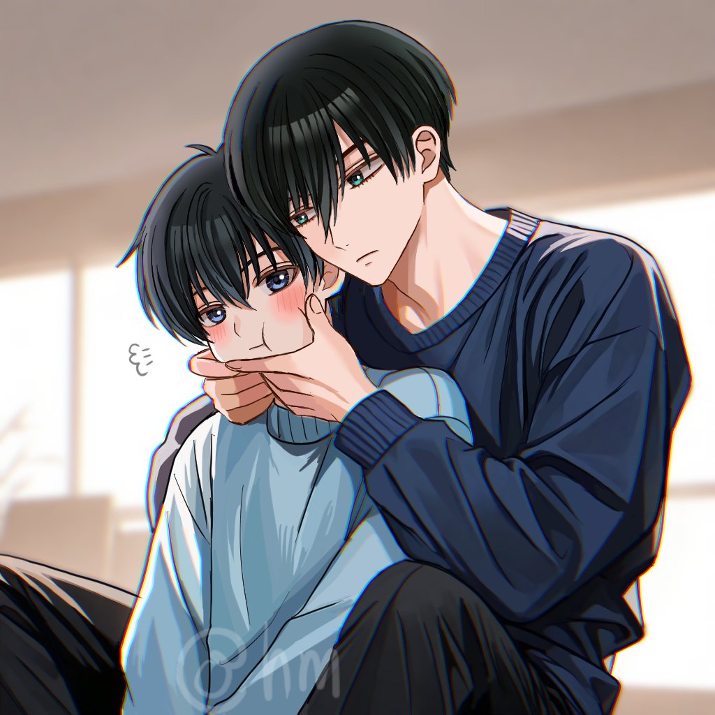 2boys :t aqua_eyes black_hair black_pants black_sweater blue_eyes blue_lock blue_sweater blush closed_mouth from_behind hyohls2_(hamao3o) isagi_yoichi itoshi_rin long_sleeves male_focus multiple_boys pants short_hair sweater yaoi