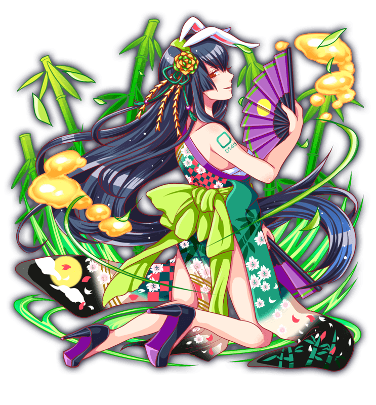 1girl animal_ear_hairband animal_ears anime_coloring artist_request bamboo bamboo_print bare_legs black_footwear black_hair blush breasts checkered_clothes checkered_kimono checkered_sleeves chest_sarashi colored_shoe_soles crash_fever dot_nose dual_wielding eyelashes fake_animal_ears floating_hair floral_print floral_print_kimono floral_print_sleeves flower folding_fan from_behind full_body furisode_sleeves game_cg gradient_hair gradient_sleeves green_footwear green_hairband green_kimono green_ribbon green_sash green_sleeves hair_between_eyes hair_flower hair_ornament hair_ribbon hairband hand_fan high_heels holding holding_fan japanese_clothes kaguya_(crash_fever) kaguya_hime kimono kneeling large_breasts leaf legs_apart light_particles long_hair long_sidelocks long_sleeves moon_print multicolored_hair no_socks number_tattoo numbered official_art open_mouth outline petal_print princess print_kimono profile rabbit_ear_hairband rabbit_ears rabbit_girl red_eyes red_outline ribbon sarashi sash sidelocks single_bare_arm single_bare_shoulder smile solo square square_tattoo tachi-e taketori_monogatari tattoo third-party_source transparent_background unworn_sleeves very_long_hair very_long_sidelocks