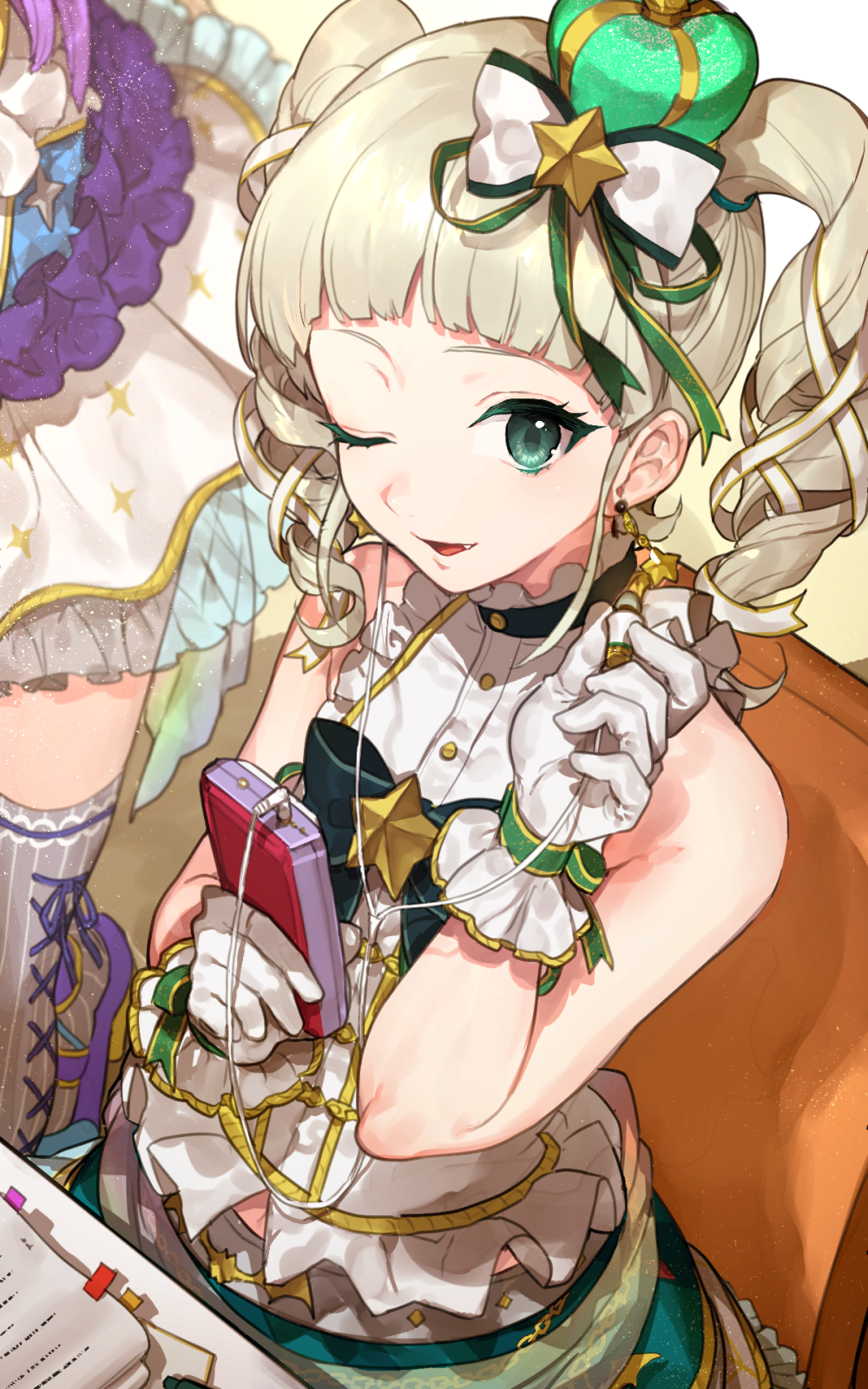 2girls aikatsu! aikatsu!_(series) animal_print bare_shoulders bat_print blonde_hair blunt_bangs bow buttons chair commentary_request crown digital_media_player dress drill_hair earphones earrings fang frilled_gloves frilled_skirt frills gloves green_crown green_eyes green_ribbon hair_bow hair_ornament hair_ribbon hand_up highres hitoto holding holding_digital_media_player holding_earphones jewelry long_hair mini_crown multiple_girls one_eye_closed paper parted_lips purple_ribbon ribbon sitting skirt sleeveless sleeveless_dress smile solo_focus sparkle_print star_(symbol) star_earrings star_hair_ornament thighhighs todo_yurika twin_drills twintails white_dress white_gloves