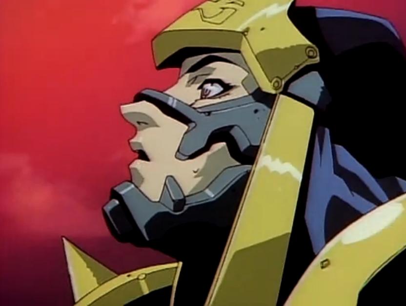 1990s_(style) 1boy choujin_gakuen_gowcaizer fudomaru helmet masked ninja oobari_masami red_sky retro_artstyle screencap sky