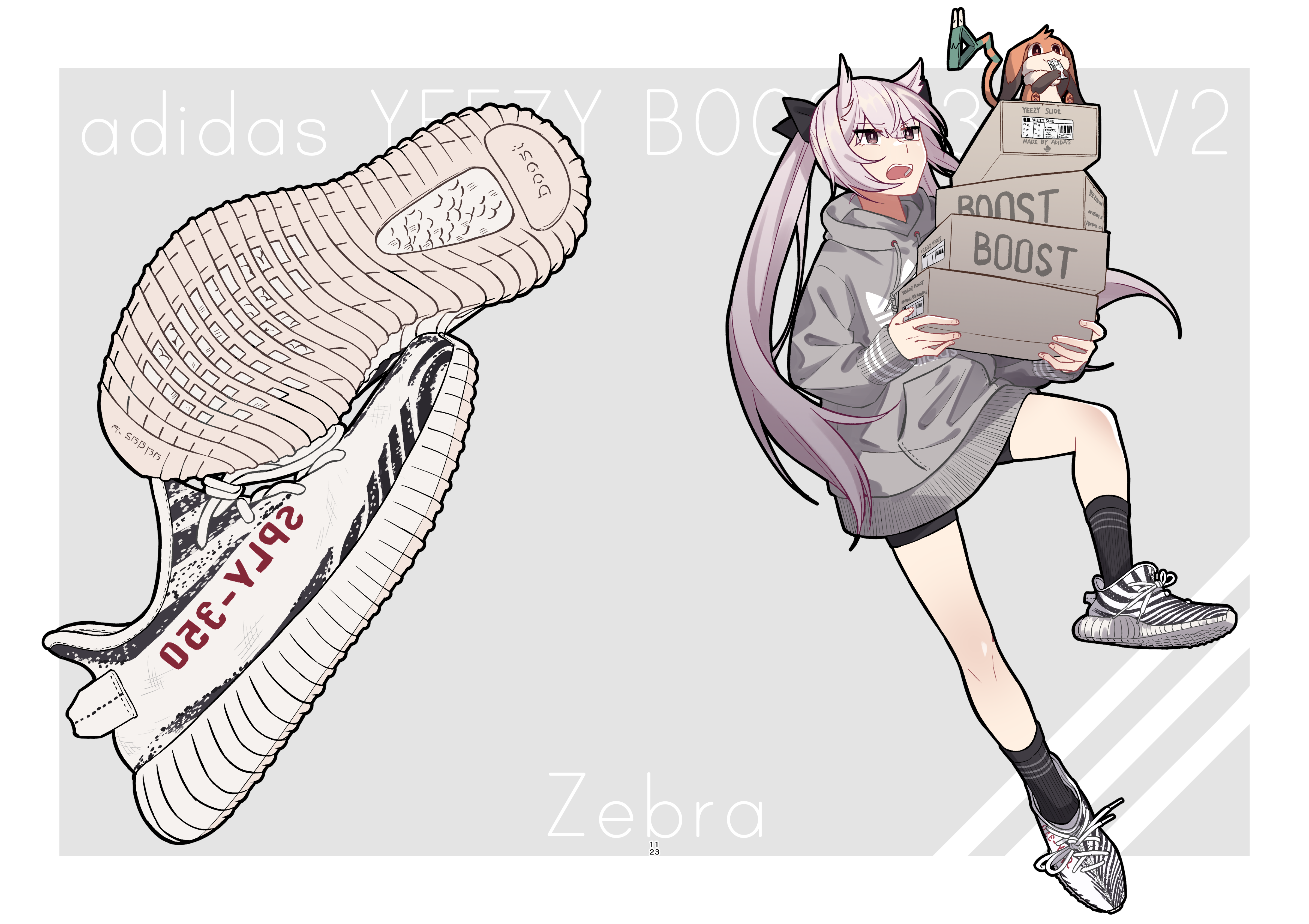 1girl absurdres adidas black_shorts black_socks border box casual commentary_request creature footwear_focus full_body grey_background grey_hoodie hair_ears highres holding holding_box hood hood_down hoodie jacket jouhou jumping long_hair long_sleeves mashiko_kaoru nene_(toji_no_miko) open_clothes open_jacket outside_border pink_hair purple_eyes shoes shorts simple_background sneakers socks solo toji_no_miko twintails v-shaped_eyebrows white_border white_shoes