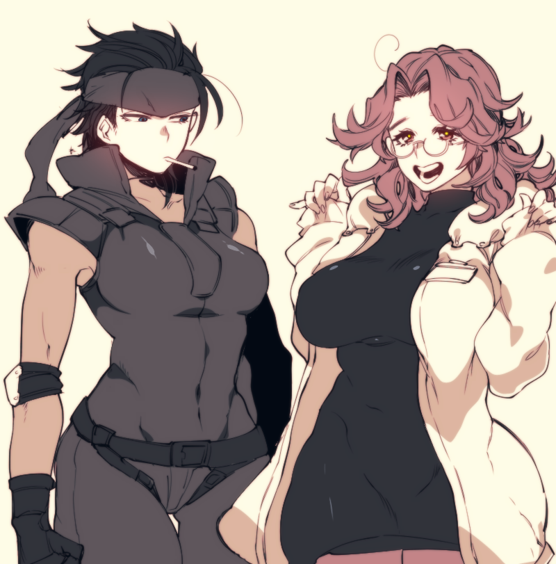 bandana black_hair breast_envy brown_hair coat genderswap genderswap_(mtf) glasses hal_emmerich metal_gear_(series) metal_gear_solid norasame_(dagako) smoke sneaking_suit solid_snake white_coat