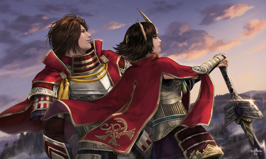 armor brown_eyes brown_hair cape cloud husband_and_wife lips lipstick makeup mitsuya sengoku_musou sunrise sword tachibana_ginchiyo tachibana_muneshige tiara weapon