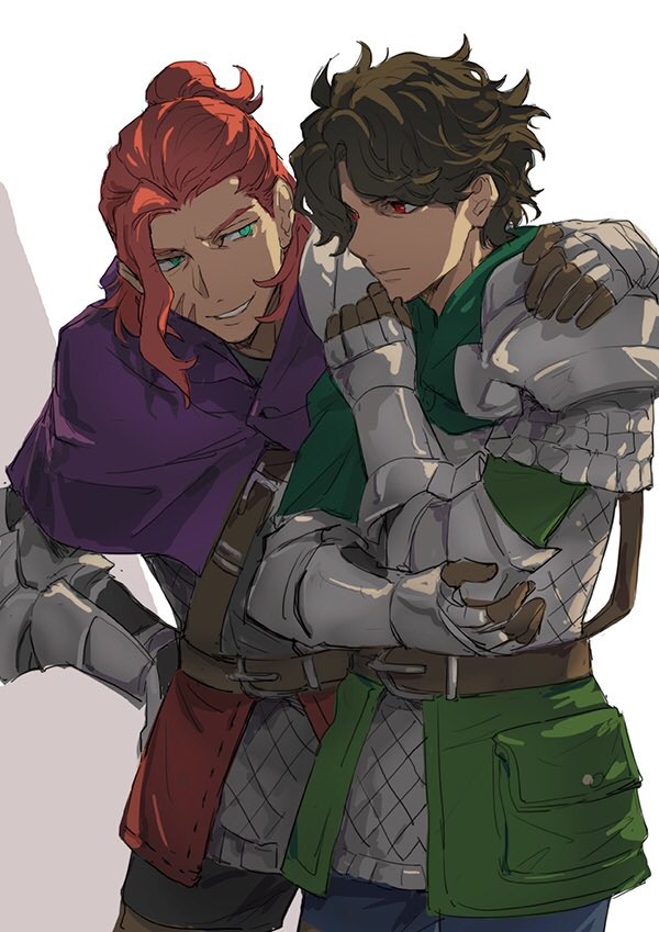 2boys arm_around_shoulder arm_up armor belt belt_buckle black_gloves blue_eyes brown_belt buckle chainmail chest_belt cloak closed_mouth commentary_request cowboy_shot dark-skinned_male dark_skin gauntlets gloves green_jacket grin hand_on_own_hip isa_(peien516) jacket looking_ahead looking_to_the_side male_focus mandrin_(unicorn_overlord) multiple_boys pauldrons ponytail pouch purple_cloak red_eyes red_hair rolf_(unicorn_overlord) short_ponytail shoulder_armor side-by-side single_pauldron smile standing teeth unicorn_overlord wavy_hair white_background