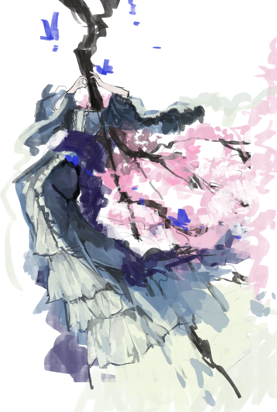 1girl blue_dress bug butterfly center_frills cherry_blossoms dress frills headless insect long_dress long_sleeves purple_sash saigyou_ayakashi saigyouji_yuyuko sash sketch solo touhou tree wide_sleeves xian_qishui