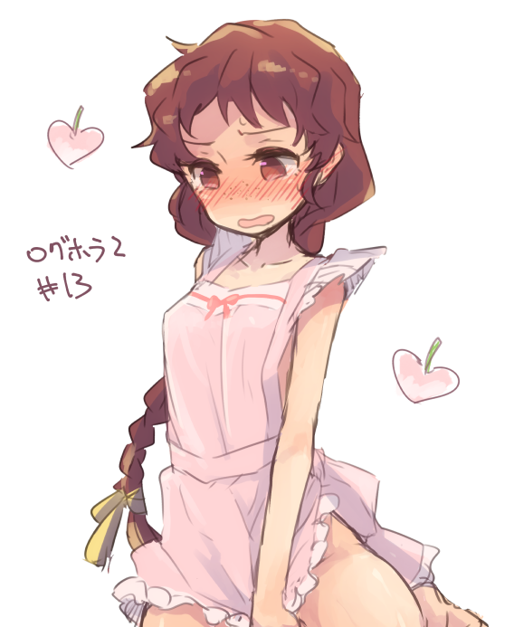 1girl apron barefoot blush braid braided_ponytail brown_eyes brown_hair collarbone embarrassed female_focus floating_hair freckles frilled_apron frills hair_ribbon isuzu_(log_horizon) kneeling log_horizon long_hair mo_(deciliter) naked_apron no_panties open_mouth pink_apron ponytail ribbon simple_background single_braid sketch solo sweatdrop very_long_hair wavy_mouth white_background yellow_ribbon