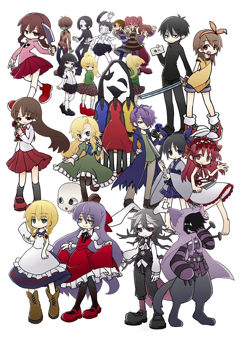 6+boys 6+girls alicemare bannou_houchou-san barefoot black_hair blonde_hair blue_eyes brown_eyes brown_hair cheshire_cat_(alicemare) chibi colored_skin commentary_request crossover dress ellen_(majo_no_ie) flower garry_(ib) green_eyes green_skin grey_eyes grey_hair hair_ornament highres holding holding_knife holding_sword holding_weapon houchou-san_no_uwasa ib_(ib) ib_(kouri) ichinose_natsuki kanzaki_shiori katana kirisame_ga_furu_mori knife madotsuki majo_no_ie mary_(ib) mary_janes monoe monoko multiple_boys multiple_crossover multiple_girls open_mouth pantyhose pink_shirt poniko purple_eyes purple_hair red_eyes red_hair rose sashimi_houchou-san sekomumasada_sensei shirt shitaisan shoes sidelocks smile suga_koutarou sword toriningen transparent_background uboa viola_(majo_no_ie) weapon white_eyes white_rabbit_(alicemare) yellow_eyes yume_nikki
