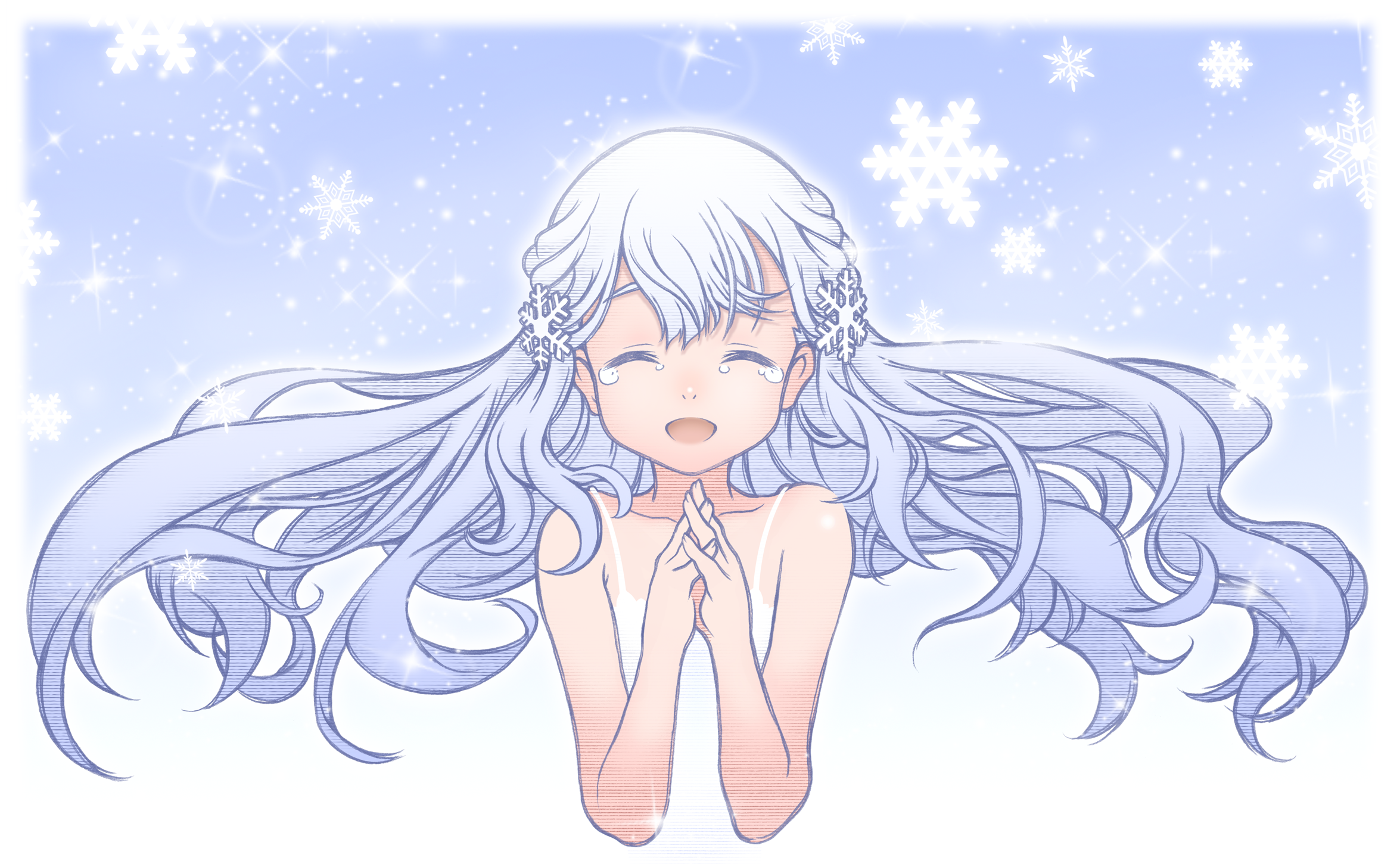 1girl ^_^ blending blue_background border braid closed_eyes cropped_torso crying dress facing_viewer fading_border floating_hair grey_hair hair_ornament hands_up highres interlocked_fingers kazahana_yuki onikko_hunter_tsuina-chan open_mouth own_hands_together palms_together pekenpon raised_eyebrows sad_smile side_braid sleeveless sleeveless_dress snowflake_hair_ornament snowflakes solo spaghetti_strap straight-on wavy_hair white_border