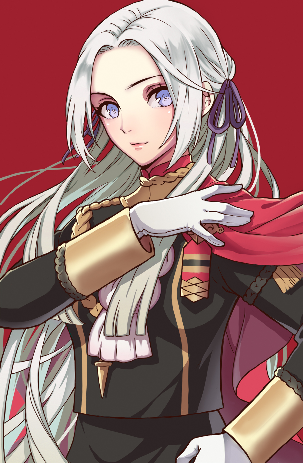 1girl ascot axe blonde_hair blue_eyes cape edelgard_von_hresvelg female_focus fire_emblem fire_emblem:_three_houses garreg_mach_monastery_uniform gloves hair_ornament hair_ribbon highres long_hair looking_at_viewer monotsuki nintendo pantyhose red_cape ribbon simple_background smile solo weapon white_hair