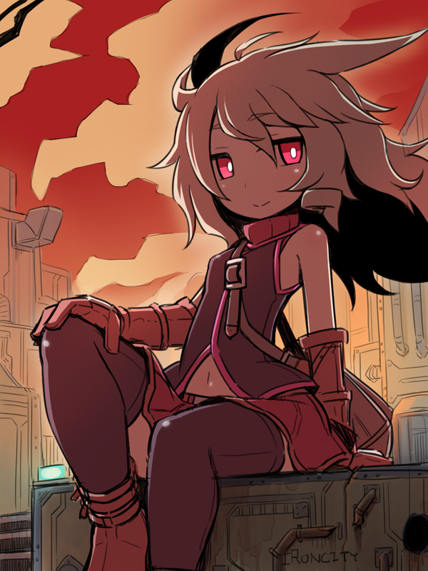 1girl boots breasts cloud elbow_gloves evening gloves grey_hair hair_between_eyes hakika long_hair looking_at_viewer messy_hair navel outdoors pink_eyes pink_skirt purple_thighhighs rabi_(sequel_series) rabi_alnea sequel_(series) sequel_blight sitting skirt sky sleeveless small_breasts solo thighhighs
