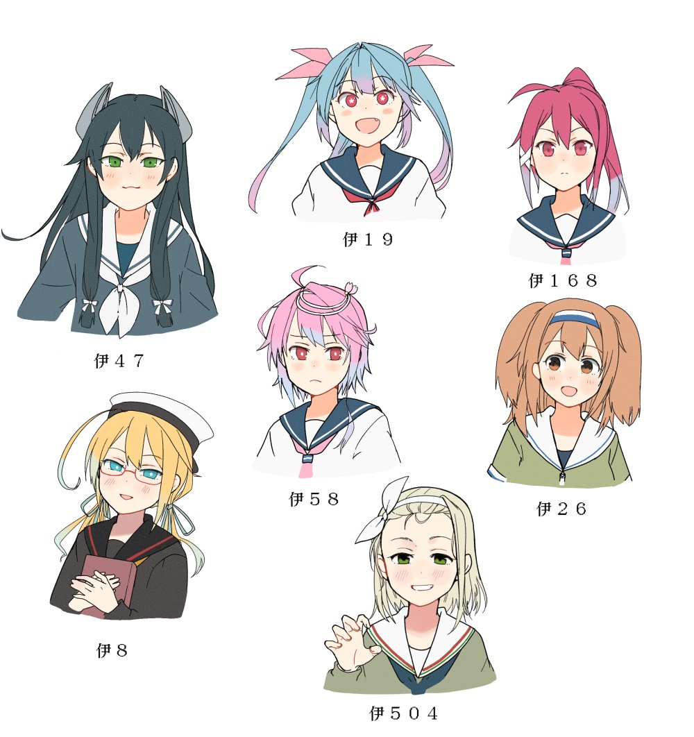 6+girls :d ahoge annin_musou black_hair black_neckerchief black_sailor_collar blonde_hair blue_eyes blue_hair blue_sailor_collar blush brown_eyes character_name fang green_eyes hair_between_eyes hairband hat headgear i-168_(kancolle) i-19_(kancolle) i-26_(kancolle) i-47_(kancolle) i-504_(kancolle) i-58_(kancolle) i-8_(kancolle) kantai_collection light_brown_hair long_hair low_twintails luigi_torelli_(kancolle) multiple_girls neckerchief open_mouth pink_eyes pink_hair pink_neckerchief ponytail red_eyes red_neckerchief sailor_collar sailor_hat school_uniform serafuku short_hair simple_background smile tri_tails twintails two-tone_hairband two_side_up white_background white_hairband white_headwear white_neckerchief white_sailor_collar