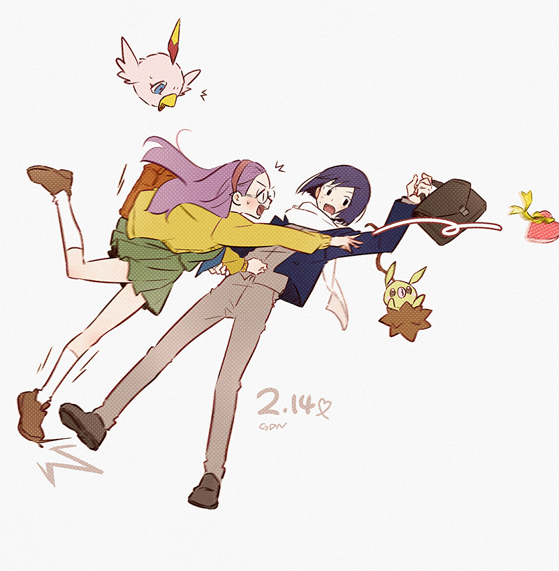 1boy 1girl black_hair blue_jacket box brown_pants brown_shirt digimon digimon_adventure_02 falling full_body gdn0522 green_shirt green_skirt heart-shaped_box ichijouji_ken inoue_miyako jacket long_hair minomon pants poromon purple_hair shirt short_hair simple_background skirt surprised valentine white_background yellow_jacket