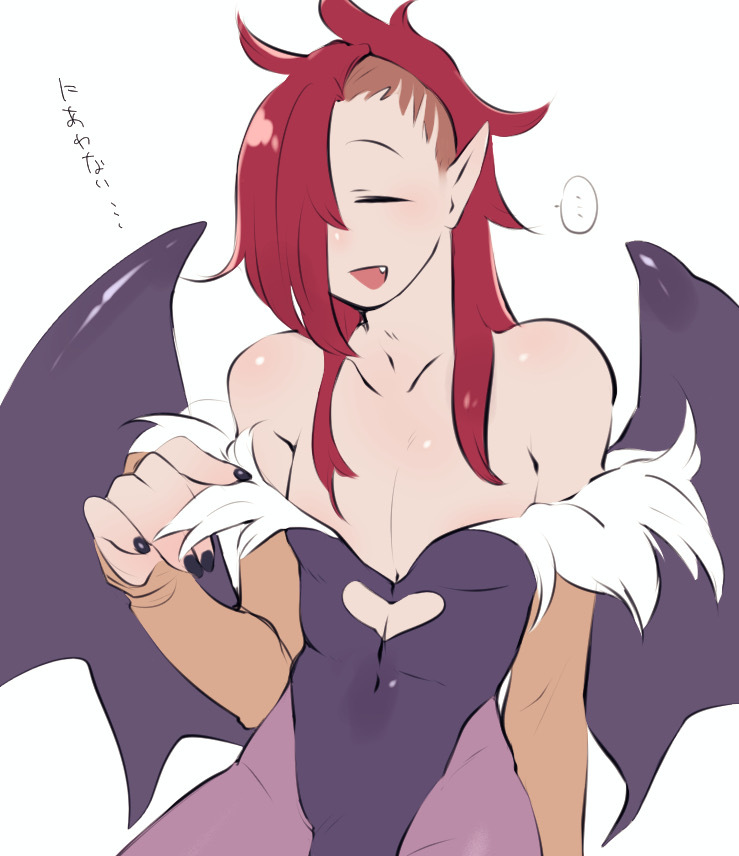 ... 1boy asymmetrical_hair bare_shoulders black_nail_polish black_nails bulge cleavage_cutout closed_eyes clothing_cutout collarbone cookie_run cosplay covered_navel crossdressing crossdressing_(mtf) curtained_hair darkstalkers demon demon_costume demon_wings fang fingernail_polish fur-trimmed_leotard fur_trim hair_over_one_eye hand_up heart heart_cutout humanization japanese_text leotard light_blush long_ears long_hair long_sleeves male_chest male_focus morrigan_aensland morrigan_aensland_(cosplay) nail_polish niwa_(niwa827) one_eye_covered one_eye_obstructed one_eye_visible open_mouth orange_sleeves pantyhose pectoral_cleavage pectorals pointy_ears purple_pantyhose raised_eyebrows red_hair side_cut side_shave sidecut simple_background sleeves_past_wrists smile solo spiked_hair spoken_ellipsis succubus_costume teeth trap undercut upper_teeth_only vampire vampire_cookie very_long_hair white_background wings