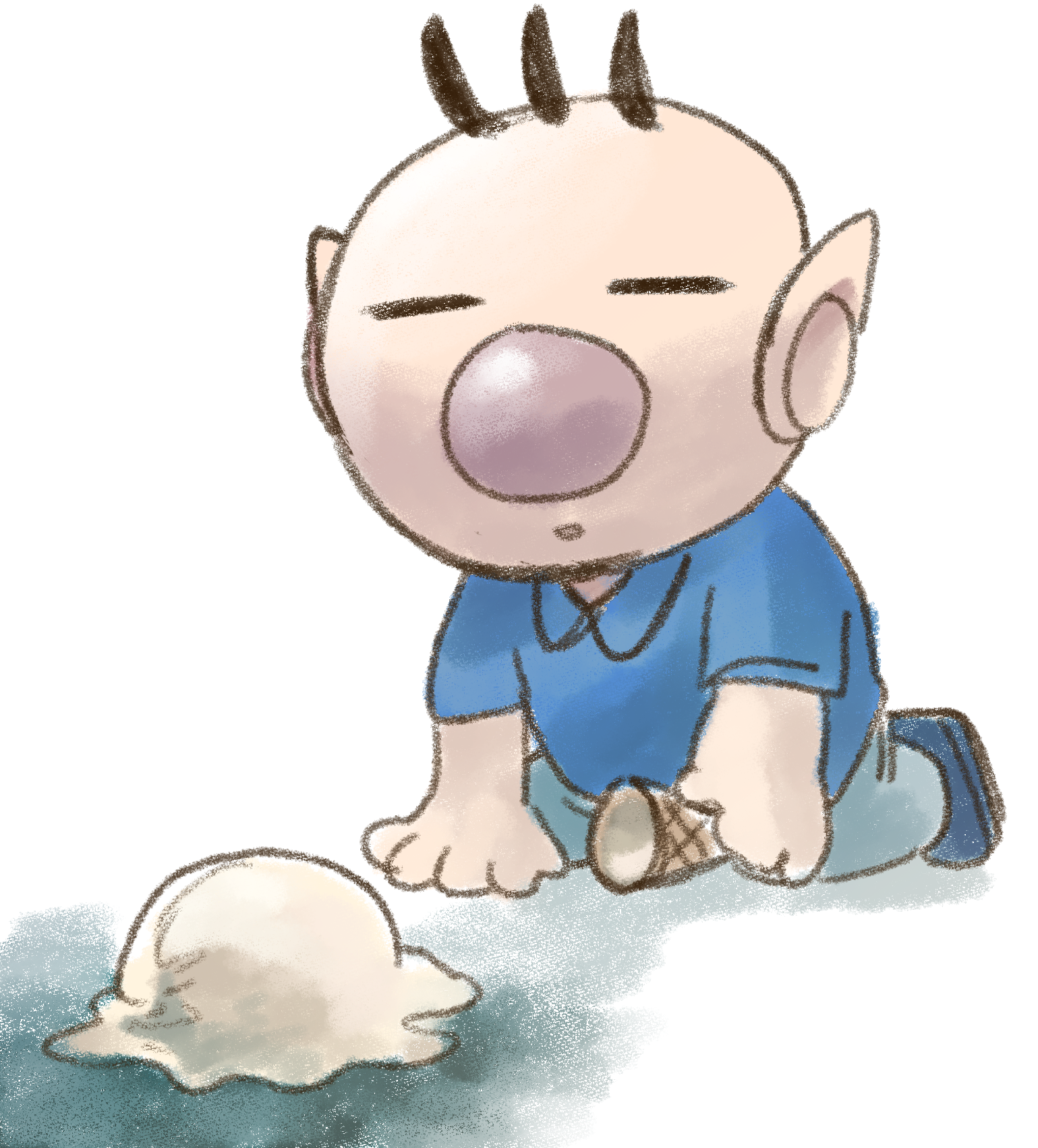 1boy bare_arms big_nose black_shorts blue_shirt brown_hair casual closed_eyes collared_shirt commentary_request expressionless food full_body grey_pants hand_on_ground highres holding holding_ice_cream_cone iat-418 ice_cream ice_cream_cone ice_cream_cone_spill kneeling looking_at_food male_focus nintendo olimar pants parted_lips pikmin_(series) pointy_ears shadow shirt shoes short_hair short_sleeves shorts simple_background solo very_short_hair white_background