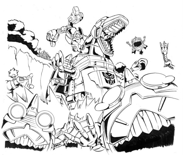 1980s_(style) 6+boys autobot clenched_teeth greyscale grimlock grinding grinding_teeth insignia kamizono_(spookyhouse) machine machinery male_focus mecha monochrome multiple_boys retro_artstyle open_mouth retro_artstyle robot science_fiction shark sharkticon smile teeth transformers tyrannosaurus_rex wheelie_(transformers)