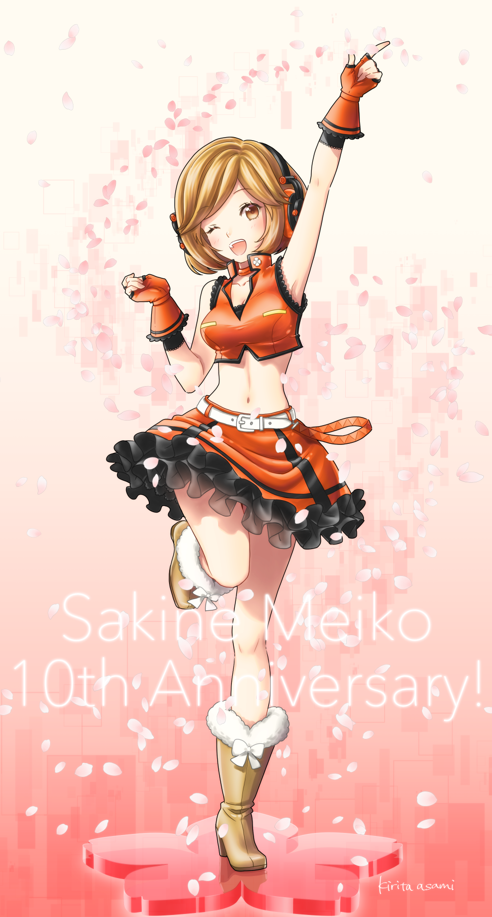 1girl anniversary blush boots brown_eyes brown_hair character_name choker crop_top fingerless_gloves frilled_skirt frills full_body fur-trimmed_boots fur_trim gloves headphones high_heel_boots high_heels highres kirita_asami meiko_(vocaloid) midriff one_eye_closed open_mouth petals sakine_meiko shirt short_hair skirt sleeveless sleeveless_shirt smile solo standing standing_on_one_leg vocaloid