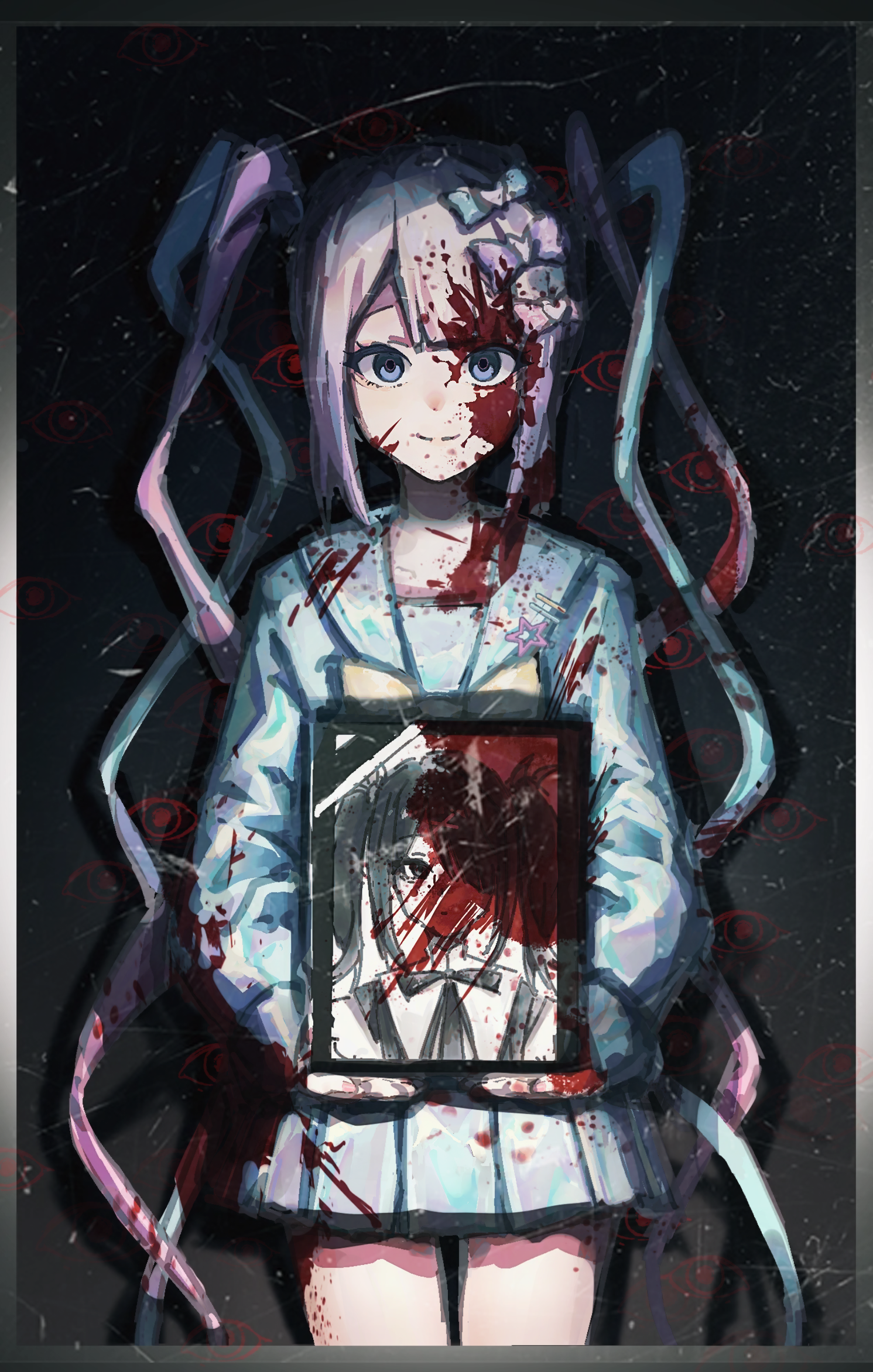 1girl blood blood_on_clothes blood_on_face blue_eyes blue_serafuku bow chouzetsusaikawa_tenshi-chan commentary_request extra_eyes hair_bow hair_ornament highres hnpj8822 holding holding_picture_frame hollow_eyes holographic_clothing long_hair looking_at_viewer miniskirt multiple_hair_bows needy_girl_overdose picture_frame pink_bow purple_bow quad_tails school_uniform serafuku shirt simple_background skirt smile solo standing