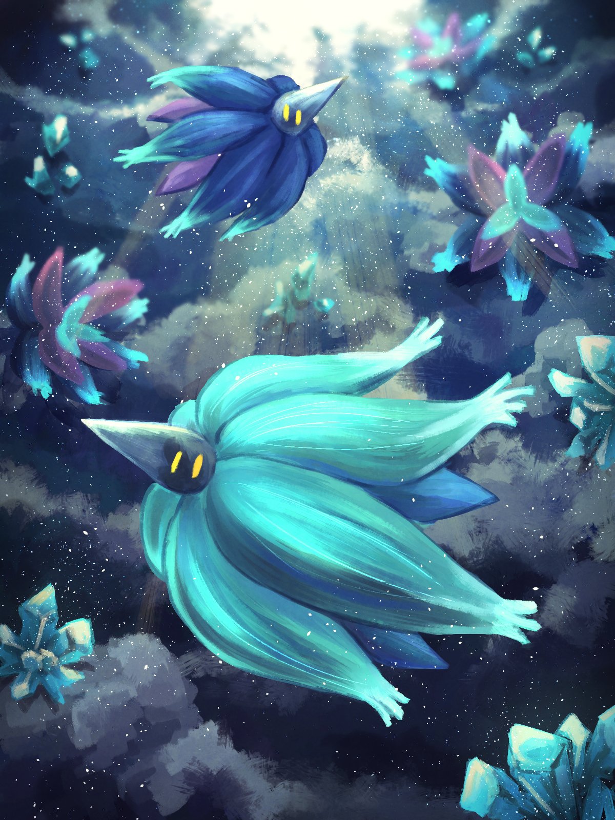 7_phi_3 alternate_color blurry blurry_background commentary_request crystal dust_cloud glimmora highres nintendo no_humans pokemon pokemon_(creature) shiny_pokemon solid_oval_eyes sunlight yellow_eyes