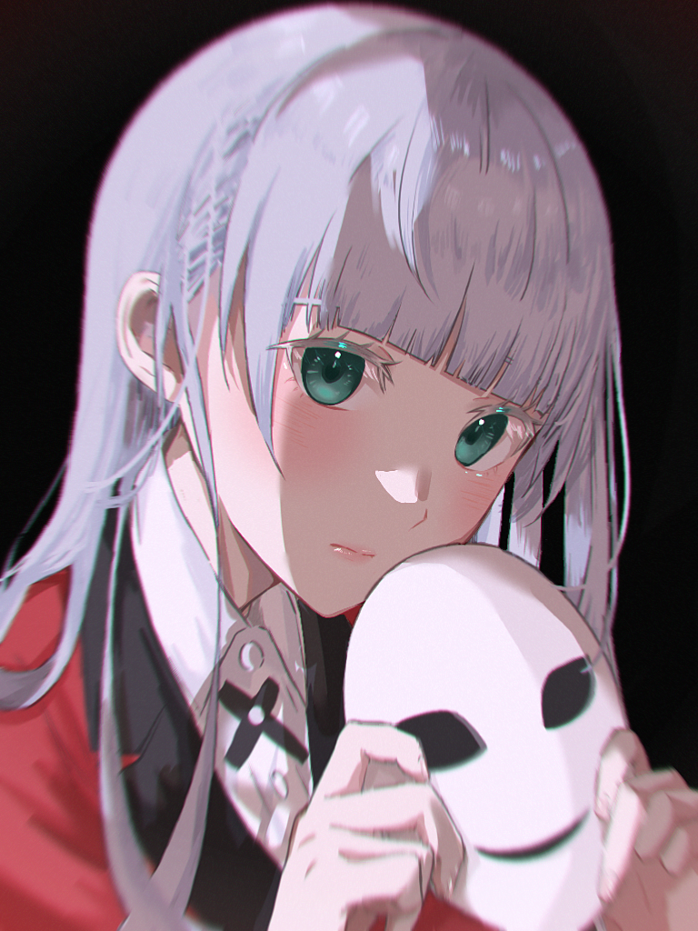 1girl black_background blush bolo_tie closed_mouth collared_shirt cross_tie formal_clothes green_eyes hyakkaou_academy_school_uniform jacket kakegurui kkheicho long_hair long_sleeves mask unworn_mask momobami_ririka red_jacket red_suit ribbon school_uniform shirt silver_hair simple_background solo suit suit_jacket white_mask white_shirt
