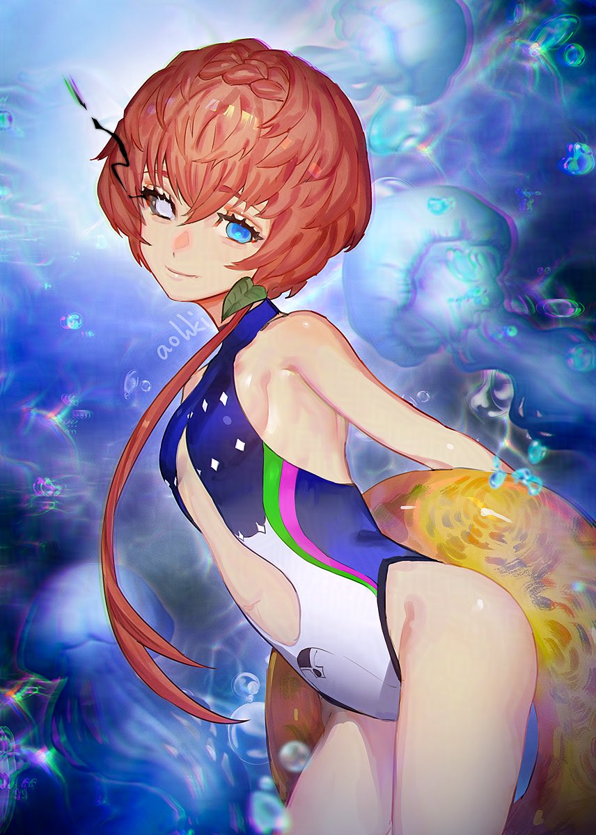 1girl black_sclera blue_eyes blue_one-piece_swimsuit braid breasts colored_sclera commentary_request crown_braid fate/grand_order fate_(series) flat_chest heterochromia highleg highleg_one-piece_swimsuit highres innertube jellyfish leaf long_hair looking_at_viewer looking_to_the_side official_alternate_costume one-piece_swimsuit orange_hair revision side_braid smile solo swim_ring swimsuit van_gogh_(fate) van_gogh_(sink_deeper)_(fate) water waterstaring white_eyes white_one-piece_swimsuit