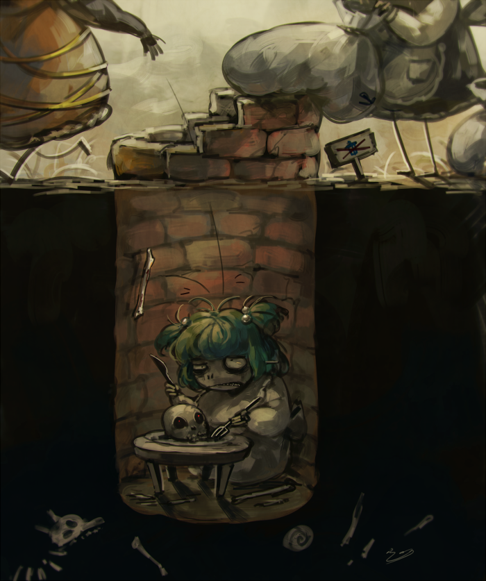 3girls green_hair hair_bobbles hair_ornament kisume koto_inari kurodani_yamame multiple_girls short_hair skull touhou trash_bag well