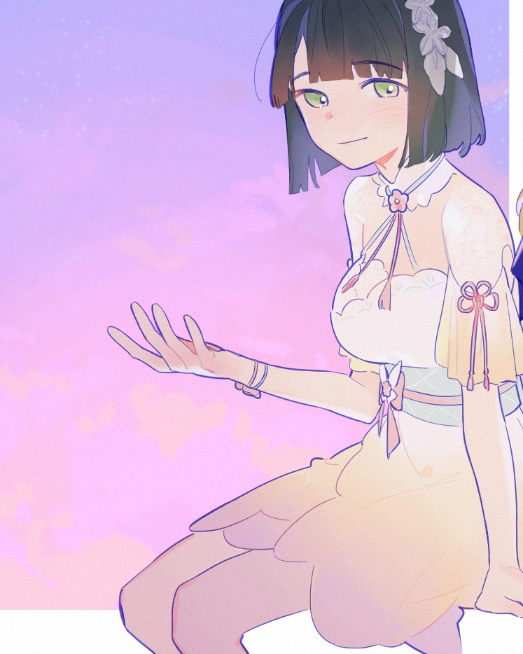 2girls aoku_haruka/flower bare_shoulders black_hair blunt_bangs blunt_ends bob_cut breasts commentary criss-cross_halter dress feet_out_of_frame gradient_background gradient_clothes gradient_dress green_eyes halter_dress halterneck hand_up kachimachi_kosuzu large_breasts link!_like!_love_live! love_live! momose_ginko multiple_girls off-shoulder_dress off_shoulder official_alternate_costume orange_dress out_of_frame pipi_(m1x_mix) purple_background short_hair simple_background sitting solo_focus virtual_youtuber white_dress