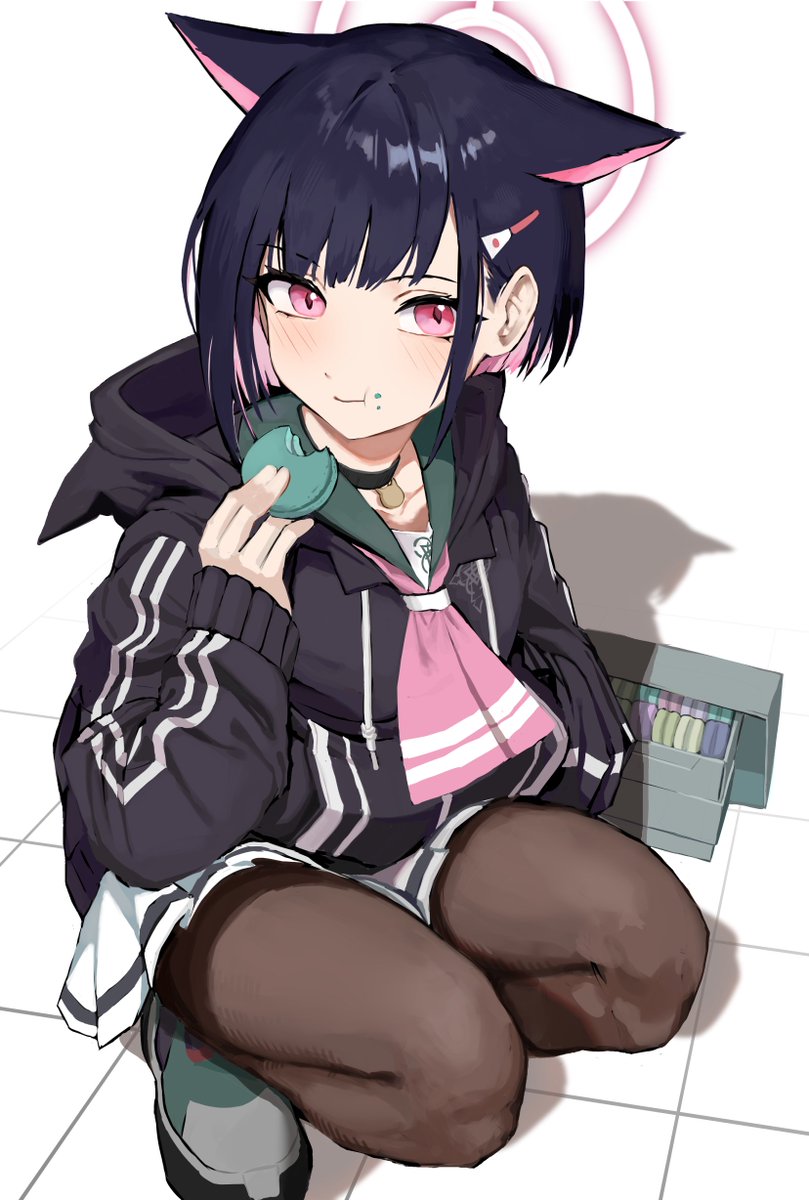 1girl animal_ears black_choker black_hair blue_archive blush brown_pantyhose choker food food_on_face franz2543 halo hand_in_own_hair highres holding holding_food hood hood_down hooded_jacket jacket kazusa_(blue_archive) long_sleeves looking_at_viewer macaron neckerchief pantyhose pink_hair pink_neckerchief pleated_skirt shoes skirt solo squatting track_jacket white_skirt