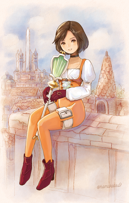 1girl bodysuit breasts brown_eyes brown_hair castle choker commentary_request female_focus final_fantasy final_fantasy_ix full_body garnet_til_alexandros_xvii gloves groin jewelry latex looking_at_viewer ma-hain-scarlet necklace orange_bodysuit parted_lips short_hair sitting small_breasts smile solo staff town weapon