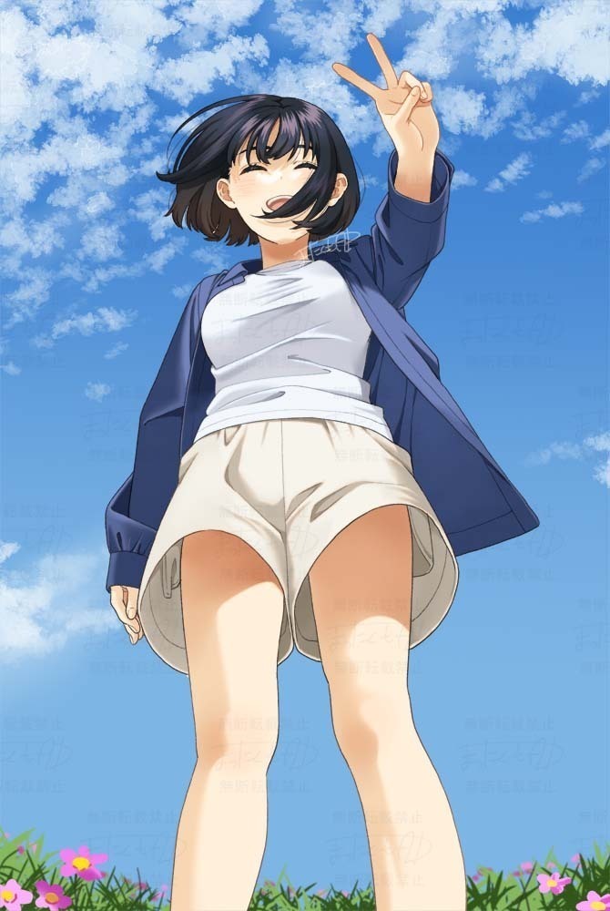 1girl black_hair blue_coat blue_sky closed_eyes cloud coat commentary_request day flower from_below grass happy legs mattaku_mousuke open_clothes open_coat open_mouth original outdoors pink_flower shirt short_hair shorts sky solo teeth thighs tongue upper_teeth_only v white_shirt white_shorts