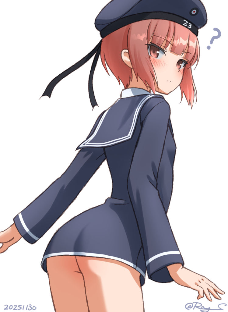 1girl ? ass back blue_eyes blush brown_eyes brown_hair clothes_writing dated dress hat kantai_collection long_sleeves looking_at_viewer looking_back no_panties one-hour_drawing_challenge peaked_cap ray.s sailor_collar sailor_dress sailor_hat short_dress short_hair solo twitter_username z3_max_schultz_(kancolle)