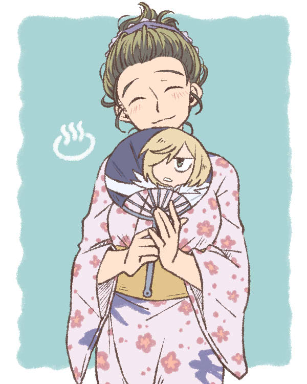 1girl ^_^ blonde_hair brown_hair closed_eyes hand_fan japanese_clothes katsuki_mari kimono multicolored_hair onsen_symbol paper_fan smile snowchild two-tone_hair uchiwa yukata yuri!!!_on_ice yuri_plisetsky