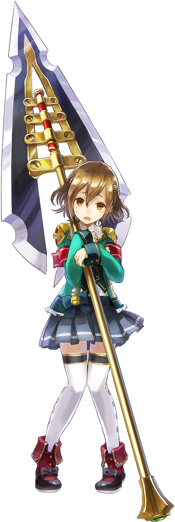 1girl armband bow brown_hair full_body hair_ornament hairclip highres holding holding_polearm holding_weapon huge_weapon long_sleeves longinus_(phantom_of_the_kill) official_art open_mouth orange_eyes phantom_of_the_kill pleated_skirt polearm red_footwear short_hair simple_background skirt socks solo spear sweatdrop thighhighs watarubou weapon white_background white_socks yellow_eyes