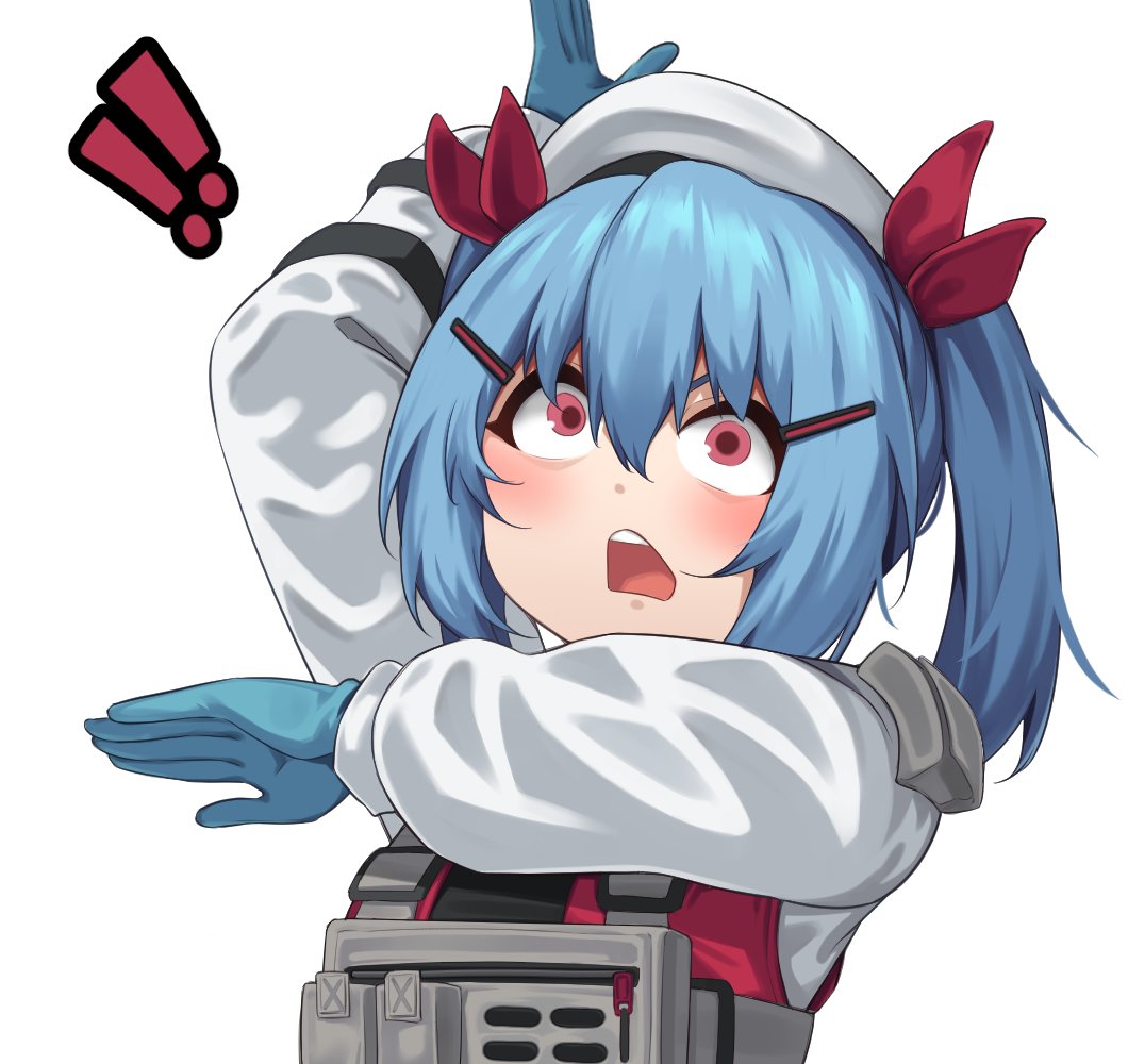 ! !! 1girl act_(xadachit) arm_up beret blue_hair blush colphne_(girls&#039;_frontline_2) commentary english_commentary girls&#039;_frontline girls&#039;_frontline_2:_exilium hair_between_eyes hat jacket open_mouth pink_eyes short_hair simple_background solo teeth upper_body upper_teeth_only white_background white_hat white_jacket