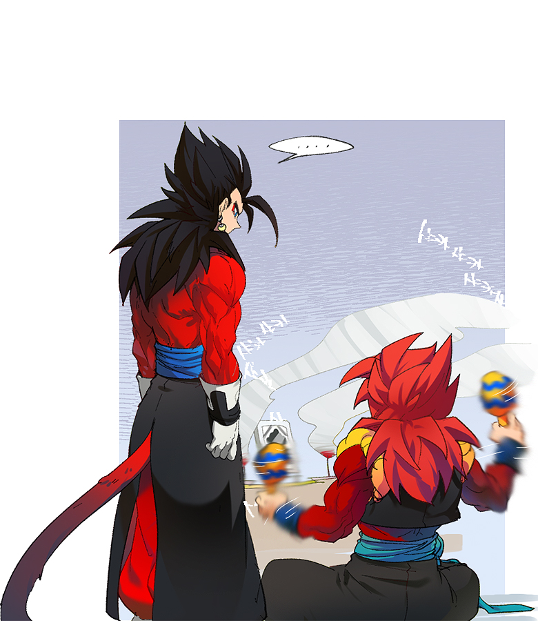 2boys black_hair blue_eyes blue_sash closed_mouth dougi dragon_ball dragon_ball_heroes earrings gloves gogeta gogeta_(xeno) jewelry long_hair male_focus metamoran_vest monkey_boy monkey_tail multiple_boys muscular muscular_male ommmyoh pants potara_earrings red_fur saiyan sash spiked_hair super_saiyan super_saiyan_4 tail time_patrol_(dragon_ball) twitter_username vegetto vegetto_(xeno)