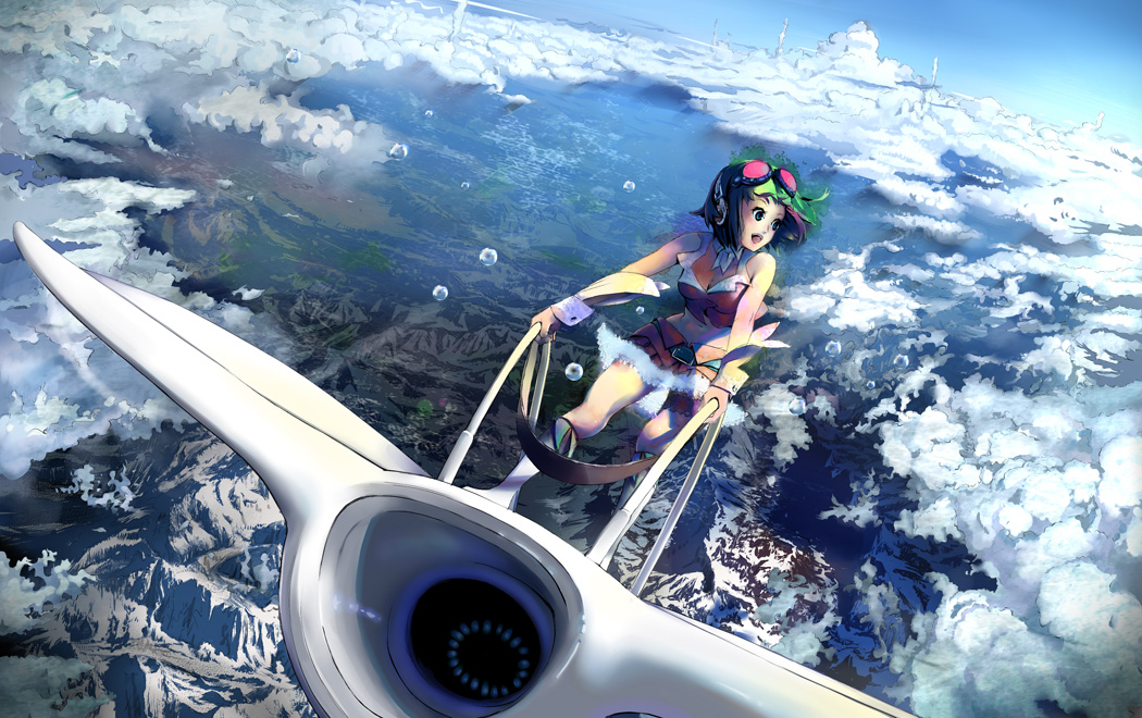 1980s_(style) 1girl aircraft airplane bad_id bad_pixiv_id belt boots cloud day female_focus flying from_above goggles goggles_on_head green_eyes green_hair gumi headphones kaze_no_tani_no_nausicaa matching_hair/eyes mehve midriff oldschool retro_artstyle scenery short_hair skirt sky smile solo vocaloid wrist_cuffs zunga