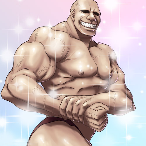 1boy adon_(cho_aniki) bad_id bald biceps brown_male_swimwear brown_swim_briefs cho_aniki flexing grin lowres male_focus male_swimwear manly mitake_eil muscular side_chest_pose smile solo sparkle swim_briefs swimsuit topless_male what
