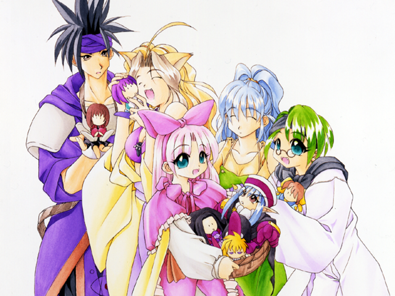 1boy 4girls ^_^ albert_corraine animal_ears apron armor atelier-moo bare_shoulders basket black_cape black_hair black_headband blonde_hair blue_cape blue_hair blue_headband bow breasts brown_eyes brown_hair cape capelet celine_whitesnow character_doll cheek-to-cheek cleavage closed_eyes closed_mouth collarbone cowboy_shot diana_rainey doll fang fingerless_gloves fox_ears frills glasses gloves green_eyes green_hair hair_bow happy headband heads_together holding holding_basket holding_doll large_breasts laura_newfield long_hair long_sleeves looking_at_viewer medium_hair multicolored_hair multiple_girls open_hand open_mouth oversized_clothes parted_bangs pink_bow pink_capelet pink_hair ribbon shirt short_hair simple_background skirt smile spiked_hair standing tachibana_yura tooth very_long_hair wavy_hair white_background wide_ponytail wide_sleeves yuukyuu_gensoukyoku