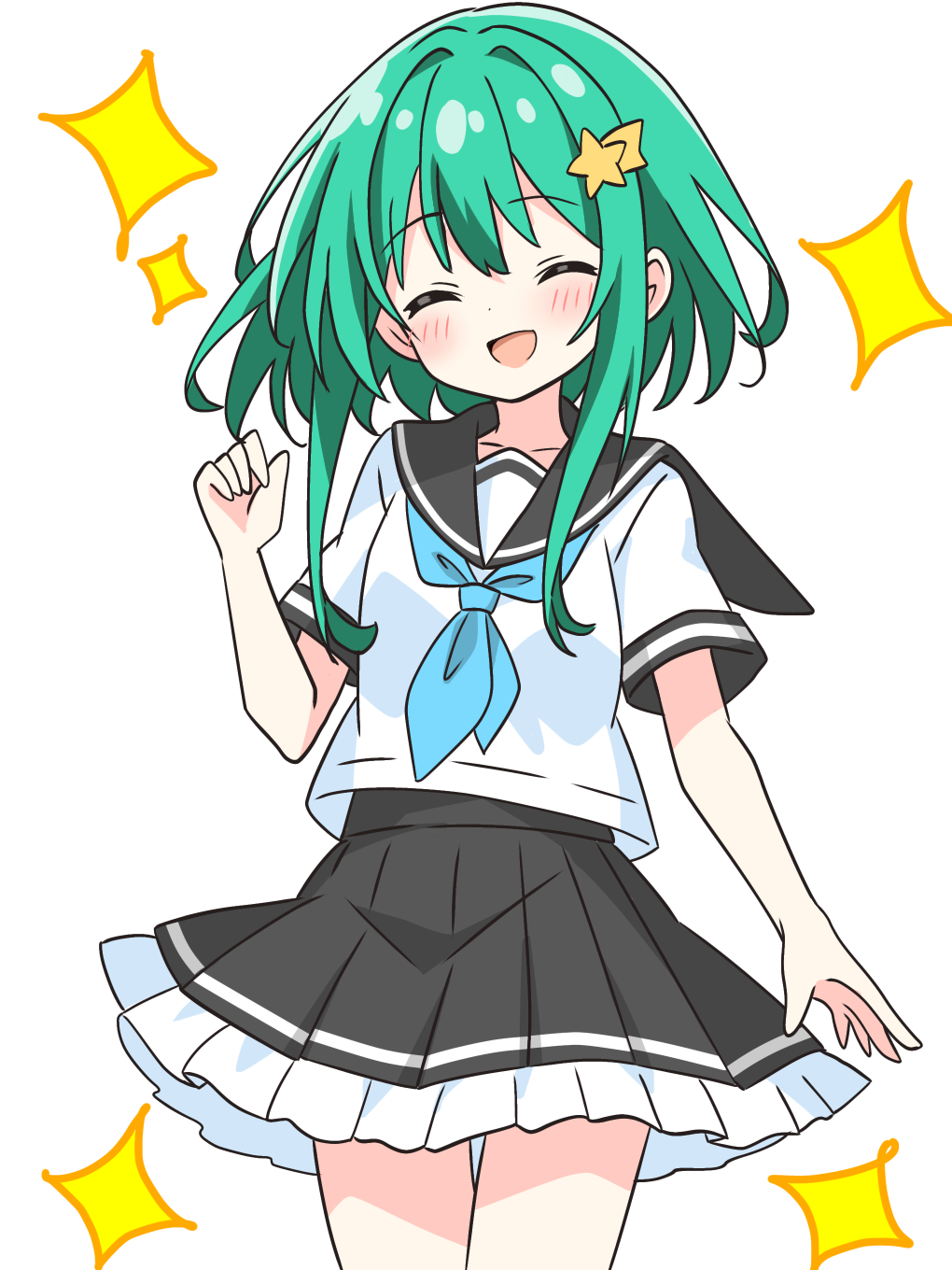 1girl :d ^_^ black_sailor_collar black_skirt blue_neckerchief blush closed_eyes collarbone commentary_request cowboy_shot dot_nose facing_viewer frilled_skirt frills hair_ornament hand_up highres kotatsu-mazoku neckerchief open_mouth original pleated_skirt sailor_collar school_uniform serafuku shirt shooting_star_hair_ornament short_hair_with_long_locks short_sleeves sidelocks simple_background skirt smile solo sparkle star_(symbol) star_hair_ornament white_background white_shirt