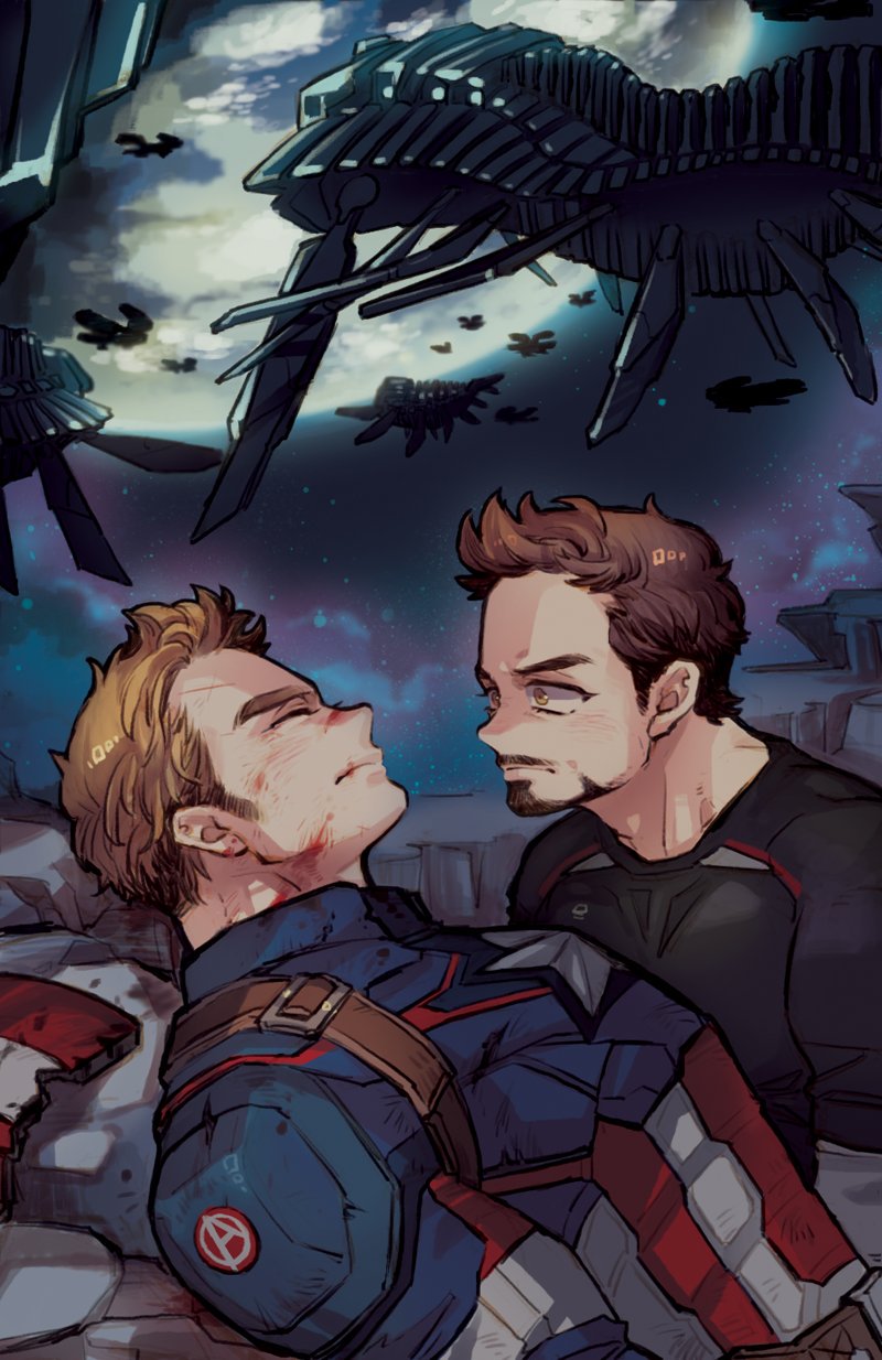 animification avengers:_age_of_ultron avengers_(series) belt black_shirt black_sky blonde_hair blood blood_on_face blue_bodysuit bodysuit brown_belt brown_eyes brown_hair captain_america closed_eyes closed_mouth cloud cloudy_sky creature dishing facial_hair highres injury layered_sleeves long_sleeves looking_at_another lying marvel marvel_cinematic_universe moon night night_sky on_back outdoors rock shield shirt short_hair short_over_long_sleeves short_sleeves sky standing star_(symbol) steve_rogers striped_bodysuit superhero_costume t-shirt tony_stark