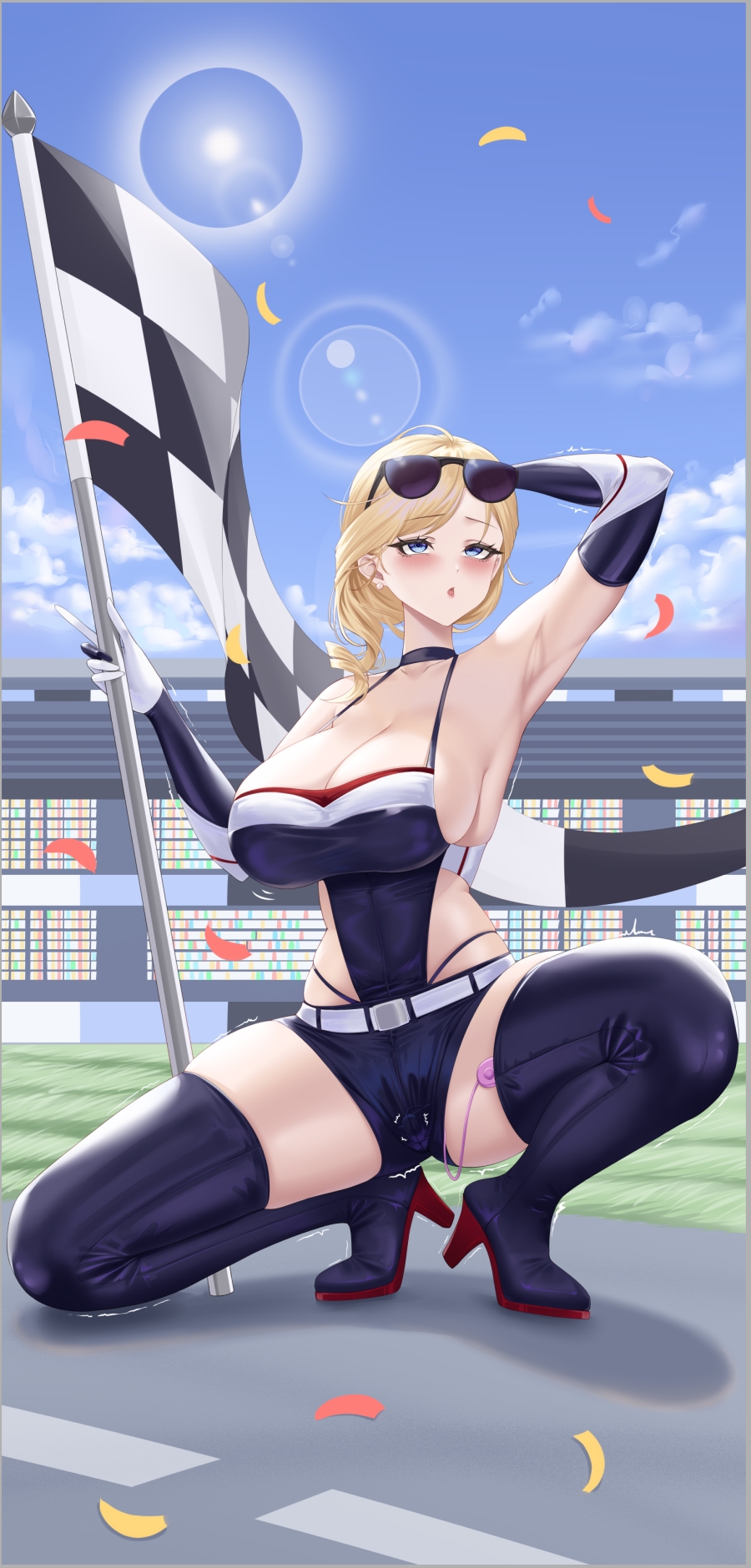 :o arm_up armpits azur_lane black_boots black_choker black_gloves black_leotard black_shorts blonde_hair blue_eyes boots breasts checkered_flag choker cleavage confetti egg_vibrator elbow_gloves eyewear_on_head flag gloves high_heel_boots high_heels highleg highleg_panties highres holding holding_flag hood_(azur_lane) large_breasts lens_flare leotard long_hair looking_up outdoors panties race_queen remote_control_vibrator sex_toy shorts sideboob sunglasses thigh_boots underwear user_xujn5742 vibrator vibrator_under_clothes